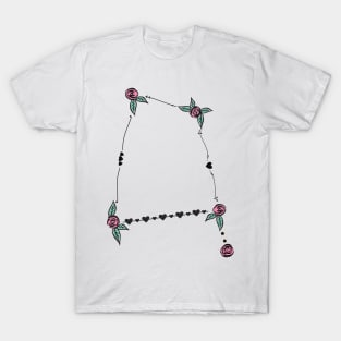 Corvus (The Crow) Constellation Roses and Hearts Doodle T-Shirt